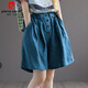 皮爾卡丹文藝復古純棉短褲女夏季薄款寬松大碼紐扣棉麻闊腳褲休閑五分褲 藍色 L 105-120