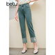 百圖betu女裝夏季新款牛仔褲復古高腰國風(fēng)貼布繡直筒褲女2406T39 牛仔色 L