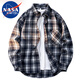 NASA MARVEL長(cháng)袖襯衫男秋冬季戶(hù)外美式潮流格子休閑寬松透氣情侶裝 藏青色 XL