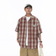 江南先生美式復古椰樹(shù)印花格子短袖襯衫男女春夏季潮牌情侶裝外套 紅色格紋常規款 S