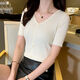 朵伶詩(shī)兒冰絲針織衫短袖2023夏裝新款韓版薄款顯瘦單排扣V領(lǐng)套頭打底衫女 杏色 XL 建議115-125斤