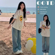 鶯雅初中學(xué)生春夏時(shí)尚套裝13歲女孩牛仔褲短袖上衣15大童洋氣兩件套潮 單件杏色短袖 (純棉220克T恤) L【建議110-120斤】