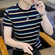 啄木鳥(niǎo) 夏季絲光棉短袖T恤男潮牌刺繡圓領(lǐng)條紋體恤衫帥氣百搭夏天上衣 1藏黑色 XL
