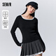森馬（Semir）[陳都靈同款]毛衣女方領修身短款冬蓄熱polo領撞色打底衫 黑色90001 160/84A/M