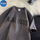 NASA MARVEL美式復古純棉短袖t恤男夏季寬松圓領(lǐng)潮牌大碼上衣高街五分袖體恤 灰色 XL