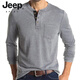 JEEP SPIRIT復古重磅亨利衫長(cháng)袖t恤純色運動(dòng)健身打底衫男士純棉彈力薄款上衣 淺灰色 L 美