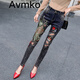 Avmko牛仔褲新款歐洲站時(shí)尚重工刺繡牛仔褲女高腰緊身顯瘦百搭小腳長褲 金色鳳凰款深 26【85~97斤】【一尺九】