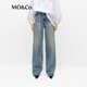MO&Co.牛仔褲2025春新品手工洗磨抓痕懷舊高腰及地闊腿褲MBE1JEN022 牛仔藍色 XS