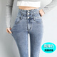 EAEOVNI高彈力牛仔褲女緊身顯瘦高腰保暖褲子女加絨加厚小腳修身鉛筆褲 H16【復古藍長(cháng)褲】 28
