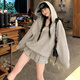 圣雪緹大碼女胖mm秋冬時(shí)尚休閑運動(dòng)連帽衛衣背心百褶短裙三件套裝200斤 灰色外套+半身裙+灰色背心 2XL