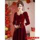 口旋長(zhǎng)袖禮服女平時(shí)可穿秋冬新娘結(jié)婚敬酒服蝴蝶結(jié)氣質(zhì)訂婚絲絨連衣裙 酒紅色中長(zhǎng)款 M 165