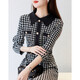 德瑪納（dme）【摩登千鳥(niǎo)格一步裙】秋季通勤OL翻領(lǐng)拼接長(cháng)袖連衣裙女 黑色 S