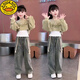 哈羅小黃鴨女童春裝套裝2024新款韓版中大童女孩洋氣衛(wèi)衣牛仔闊腿褲三件套潮 軍綠色 上衣+背心+牛仔褲【三件 130 碼建議身高1米2左右