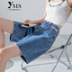 依沐蘇 五分牛仔短褲女夏季薄款2021年新款高腰寬松顯瘦百搭5分直筒中褲子潮 深藍色 L