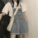 韓秋夢(mèng)日系少女高腰減齡牛仔背帶褲2022春夏復古直筒寬松學(xué)生闊腿褲短褲淺藍色M