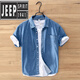 JEEP SPIRIT日系水洗磨白休閑短袖牛仔襯衫男士夏季薄款痞帥做舊寬松純.棉 深藍色 XL