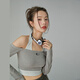 CHUU甜辣吊帶假兩件長(cháng)袖T恤女2025秋新品一字肩露臍個(gè)性設計上衣 灰色 均碼