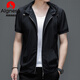 AIGNESA輕奢連帽冰絲開(kāi)衫男士短袖衛衣夏季薄款拉鏈透氣半袖t恤外套潮 黑色 180