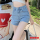tromlfz淺藍色高腰牛仔超短褲女夏季薄款新款顯瘦彈力辣妹a字熱褲 淺藍色 329 M