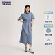 TOMMY JEANS【棉麻混紡】夏季女裝休閑收腰顯瘦長(cháng)裙襯衫裙連衣裙 牛仔藍1A5 XS （推薦：80-95斤）