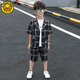G·DUCK KIDS小黃鴨男童夏裝套裝三件套2025新款兒童夏季短袖西裝三件套帥氣休黑格【外套+褲子+背心】110