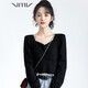 VITIV 香港潮牌方領(lǐng)短款露臍長(cháng)袖T恤 2022春秋季新款女裝復古泡泡袖黑色棉舒適透氣高腰百搭上衣 黑色 L