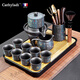 卡絲拉狄（Cathyladi）高檔紫砂茶具套裝家用辦公功夫茶藝茶具用品中式茶壺高檔禮物 如意藍(lán)石磨自動(dòng)茶具+茶盤 12頭