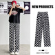 小允星 雪紡闊腿褲女秋季新款2022年高腰垂感冰絲休閑拖地直筒格子褲 黑白格子【常規款】 M 建議95-110斤