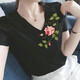歐妤短袖t恤女上衣夏季女裝新款休閑韓版V領(lǐng)時(shí)尚百搭體恤打底衫 黑色玫瑰花 4XL建議140-155斤