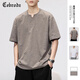 Cebrodzt恤男棉麻polo衫短袖無(wú)領(lǐng)中國風(fēng)亞麻衣服潮流簡(jiǎn)約中式風(fēng)體恤襯衫 卡其色 2XL