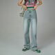 CHUU撞色牛仔褲女2025秋秋季新品洋氣百搭寬松多口袋長(cháng)褲闊腿褲子 淺牛仔藍 28