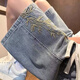 益帛新中式刺繡牛仔短褲男夏季薄款休閑百搭中褲直筒闊腿寬松五分褲子 藍色 L【建議105-120斤】