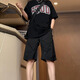 君茵黑色鉚釘短褲男夏季新款2024美式工裝褲褶皺設計感冰絲沖鋒五分褲 黑色 XL