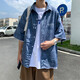 木子勝夏季短袖襯衫男港風(fēng)簡約韓版寬松痞帥襯衣休閑潮流學(xué)院風(fēng)薄款外套 藍(lán)色 XXL