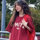 薩姆依 美式復(fù)古潮流字母印花純棉短袖T恤女學(xué)生2022年夏季新品韓版寬松ins潮港味休閑百搭顯瘦上衣 酒紅色 L