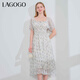 LAGOGO法式方領(lǐng)系帶仙氣中長(cháng)連衣裙女拉谷谷夏新款收腰碎花裙子 混色(Y0) S