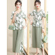 梓翎年輕媽媽裝2025夏裝新款洋氣短袖套裝中年女裝時(shí)尚雪紡衫艾伊 豆綠色 套裝 2XL [110-120斤]