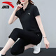 安踏（ANTA）運動(dòng)套裝女polo衫t恤七分褲女士衣服休閑春夏季薄款兩件套足球服 基礎黑/基礎黑 L