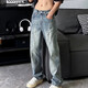 衣然呈品做舊牛仔褲男春秋新款潮牌美式高街復古水洗寬松直筒破洞長(cháng)褲子男 藍色 L【建議120-135斤】