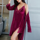 KJ性感睡衣女秋冬季金絲絨長(cháng)袖吊帶睡裙兩件套中長(cháng)款睡袍居家服套裝 9397酒紅 L（100-120斤）