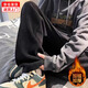 花語志褲子男燈芯絨休閑褲男士秋冬季加絨加厚直筒褲闊腿褲黑色簡約寬松 直紋休閑褲【黑色】 XL