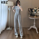 KBZ輕奢夏季輕熟風(fēng)休閑運動(dòng)套裝女灰色修身正肩短袖t恤闊腿褲兩件套 灰色兩件套 M （101-110斤）