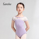 三沙（sansha）舞蹈服兒童女 芭蕾舞練功服圓領(lǐng)公主袖連體服棉表演服 淺紫/珍珠白 M