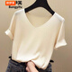 邦伊芙2023春夏季短袖t恤女冰絲春夏新款針織衫女裝韓版修身打底色V領(lǐng)短 杏色 XXL【建議121-130斤】