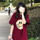 MXQP純棉短袖t恤女2025夏季寬松新中長款學(xué)生洋氣減齡百搭半袖上衣潮 酒紅色 L 【110-130斤】