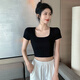 黑色正肩t恤女短袖修身法式方領(lǐng)高腰短款露臍上衣打底衫體恤夏季 黑色 L【96-106斤】