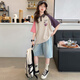 巴萊恩娜女童夏季套裝2025新款學院風短袖t恤polo衫牛仔短褲兒童休閑運動 套裝-POLO衫+牛仔中褲 170cm