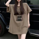 依米儂（YIMINONG）胖妹妹大碼t恤女200斤短袖胖人女裝夏天中長(zhǎng)款夏季寬松胖mm半袖上 咖色 2XL 170斤-200斤