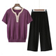 俞兆林（YUZHAOLIN）母親節媽媽夏裝套裝針織中老年女裝冰絲奶奶裝老人衣服兩件套 2012#紫羅蘭(上衣+黑色闊腿褲) 3XL 【適合120-140斤】