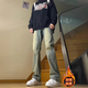 衣然呈品復(fù)古加絨牛仔褲男款春秋季美式vibe高街修身直筒高腰微喇褲子男褲 藍(lán)色加絨 L 【建議120-135斤】